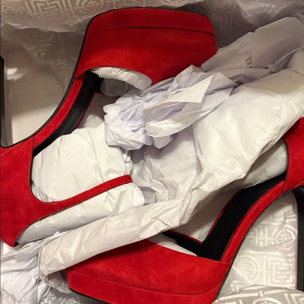 NWT Natori Red Suede Ankle Strap Heels - Brand  new in the box $275